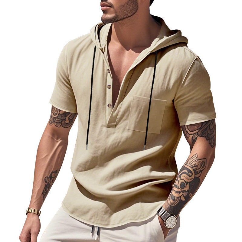 Herren Kurzarm-Henley-Hemd mit Kapuze und Knopfleiste Drune