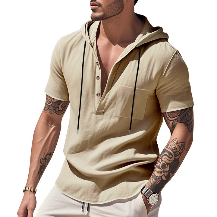 Herren Kurzarm-Henley-Hemd mit Kapuze und Knopfleiste Drune