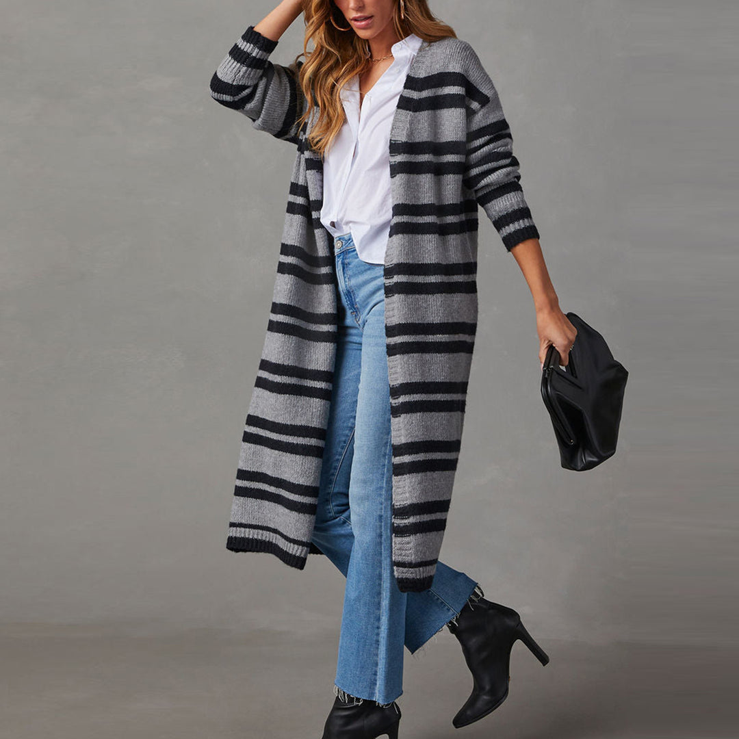 Damen lange Strickjacke mit Streifenmuster Drune