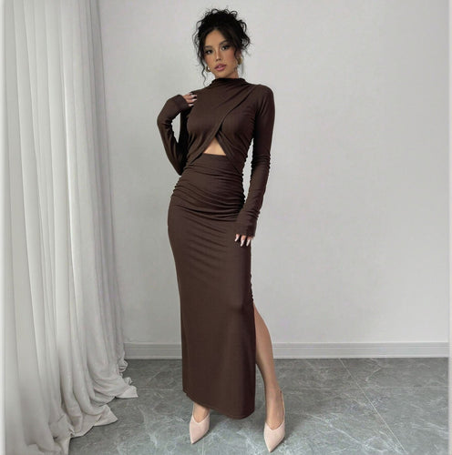 Damen Wickelkleid mit raffiniertem Schlitz und eleganten langen Ärmeln Drune