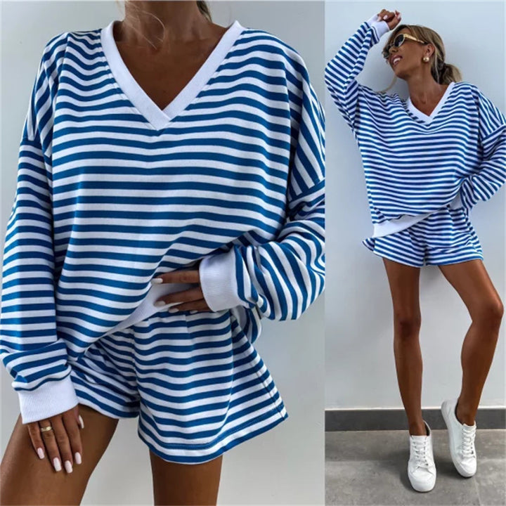 Damen lässiges Streifen-Loungewear-Set mit weit geschnittenem Oberteil und Shorts Drune