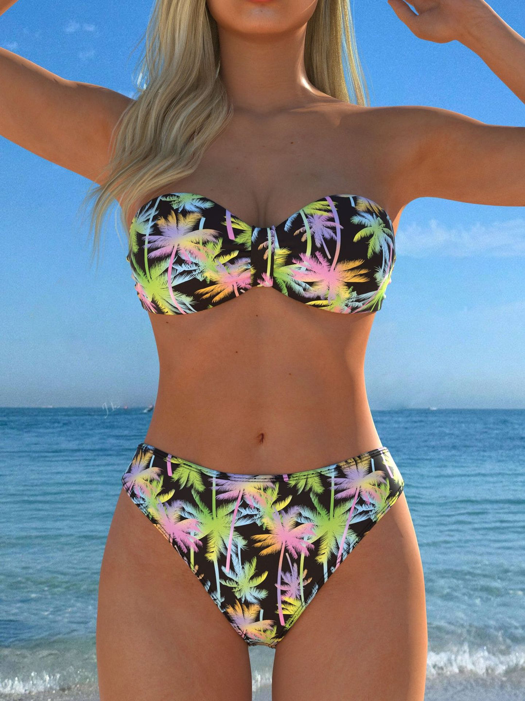 Damen Bandeau-Bikini mit farbenfrohem Palmenmuster und hohem Taillenschnitt Drune