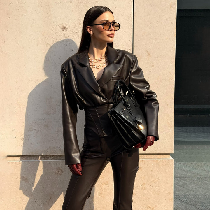 Damen Elegantes Lederanzug mit modischem Blazer und schmal geschnittenen Hosen Drune