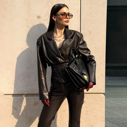 Damen Elegantes Lederanzug mit modischem Blazer und schmal geschnittenen Hosen Drune