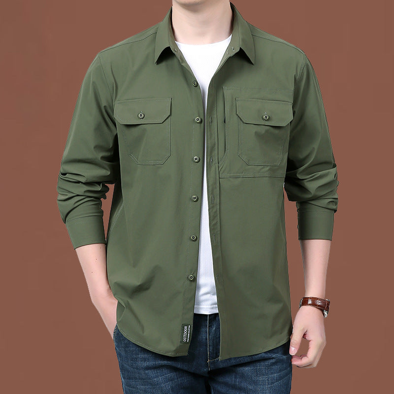 Herren nan modernes Travel-Langarmhemd mit Stretch-Material, verdeckter Knopfleiste und doppelfachen Klappbrusttaschen Drune