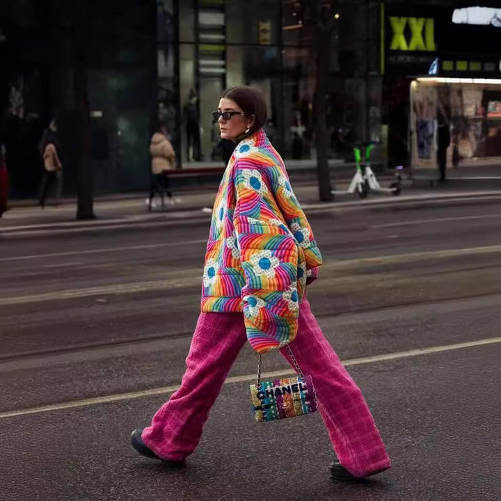 Damen gesteppten OverGrößed-Jacke mit buntem Blüten-Design und großzügigen Taschen Drune