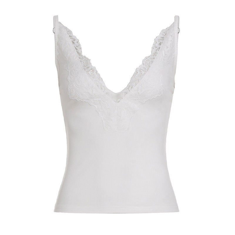 Damen Elegantes Top mit Spitzenverzierung und tiefem V-Ausschnitt Drune