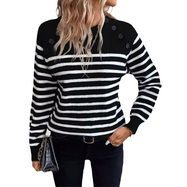 Damen gestreifter Pullover mit Knopfdetails und Rundhalsausschnitt Drune