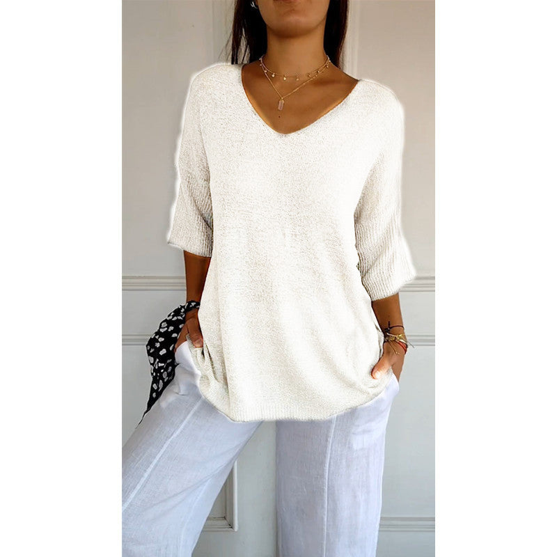Damen nan locker sitzender V-Ausschnitt Feinstrickpullover mit dreiviertelÄrmeln Drune