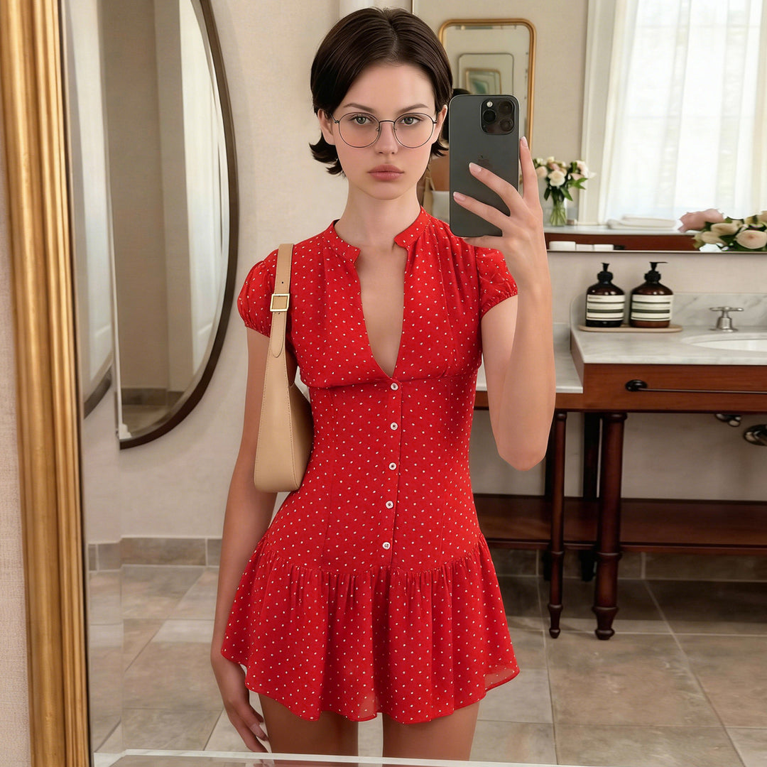 Damen verspieltes Polka Dot Kleid mit knopfbarem Ausschnitt und voluminösem Saum Drune
