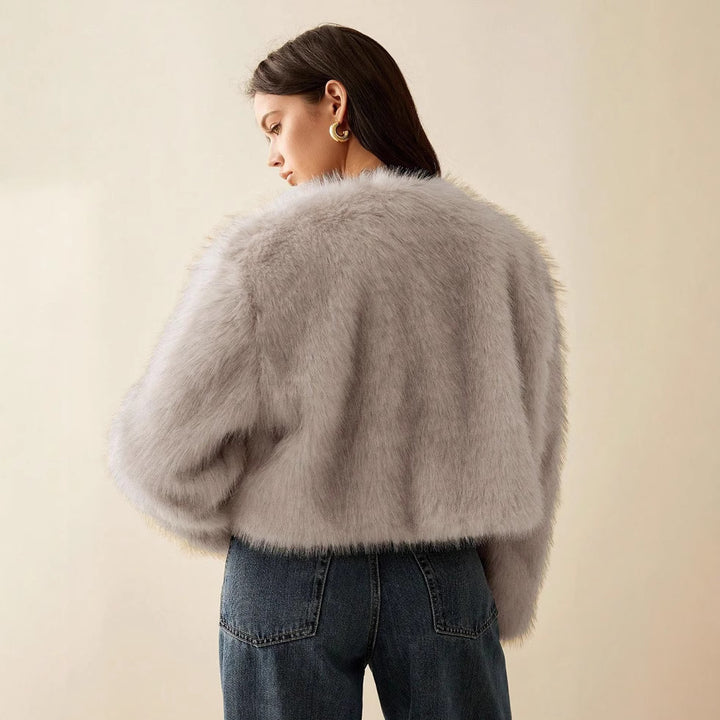 Damen extravagante Kurzarm-Felljacke mit voluminösen Ärmeln Drune