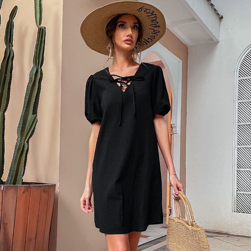Damen Freizeitkleid mit eleganter Schnürung und Puffärmeln Drune