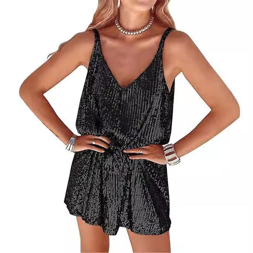 Damen Glitzerndes Jumpsuit mit tiefem V-Ausschnitt und elastischer Taille Drune