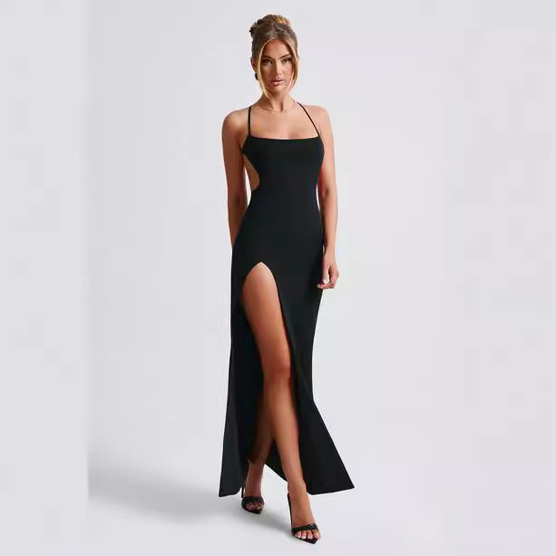 Damen Elegantes Maxikleid mit seitlichem Schlitz und dünnen Trägern Drune