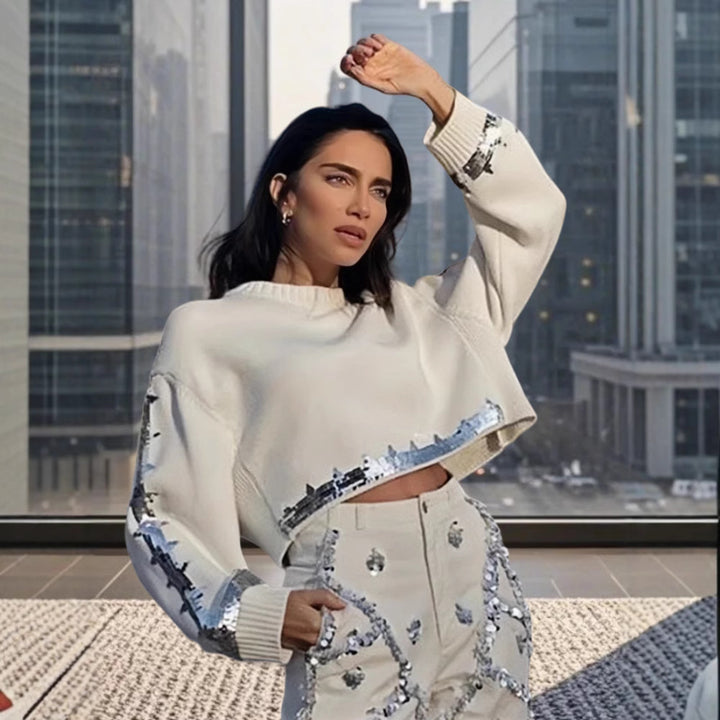 Damen modischer cropped Pullover mit Pailletten Drune