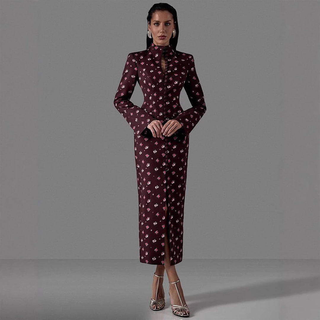 Damen Elegantes Langarmkleid mit floralem Muster und hochgeschlossenem Kragen Drune