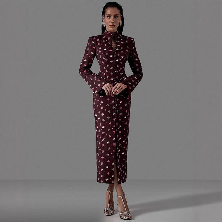 Damen Elegantes Langarmkleid mit floralem Muster und hochgeschlossenem Kragen Drune