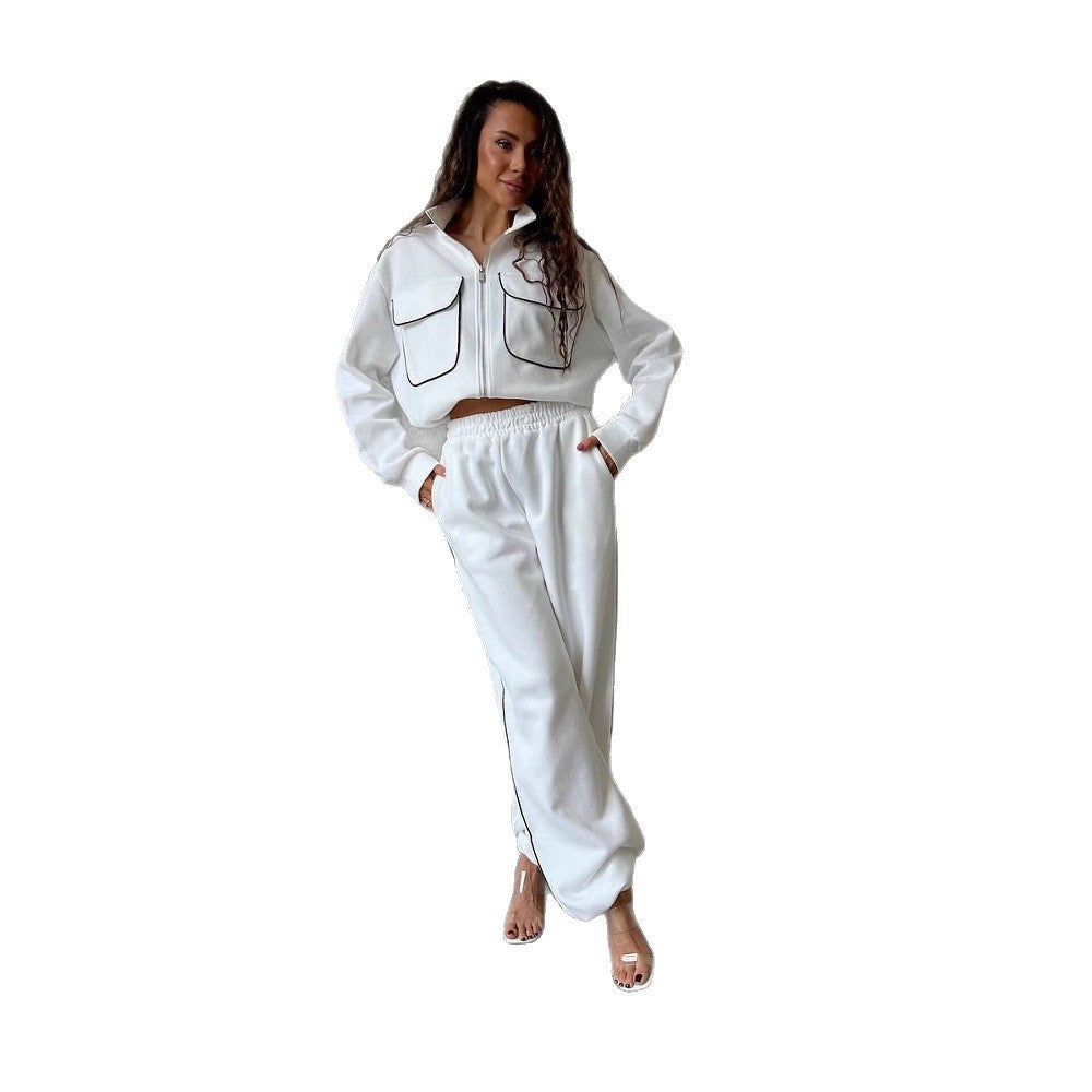 Damen lässiges Fleece-Trainingsset mit Reißverschluss und weitem Bein Drune