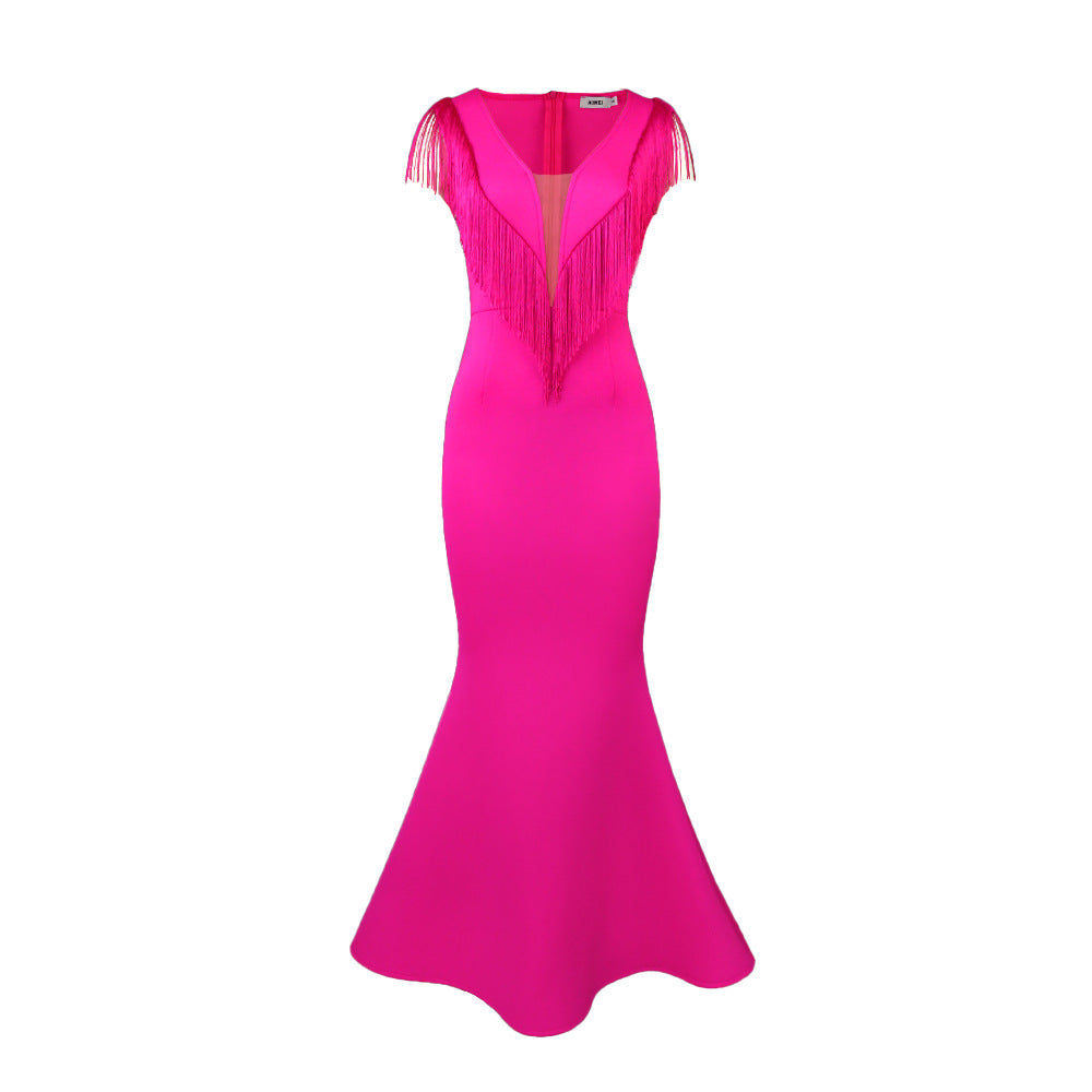 Damen figurbetontes Abendkleid mit Fransen und tiefem V-Ausschnitt Drune