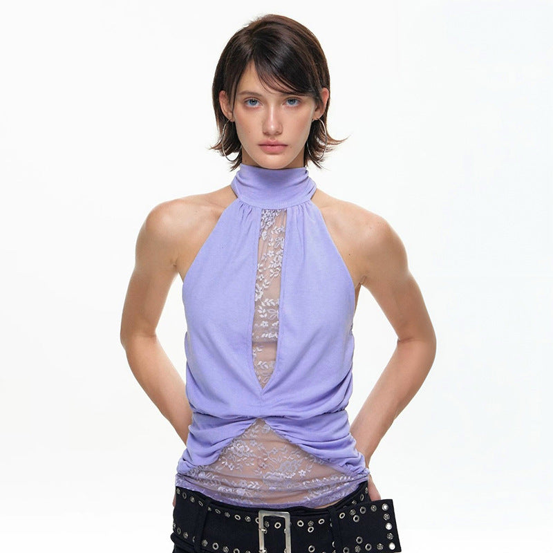 Damen elegantes Neckholder-Top mit transparenten Einsätzen und Raffung Drune