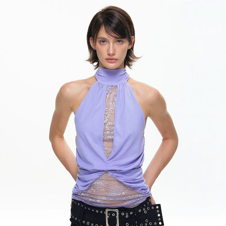 Damen elegantes Neckholder-Top mit transparenten Einsätzen und Raffung Drune