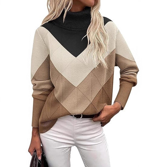 Damen Strickpullover mit hohem Kragen und modernen Farbblockdetails Drune