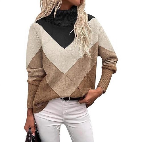 Damen Strickpullover mit hohem Kragen und modernen Farbblockdetails Drune