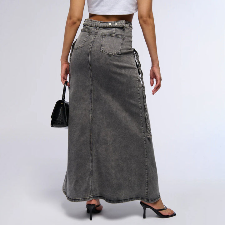Damen Langer Denim-Rock mit hochgezoggtem Bund und praktischen Taschen Drune