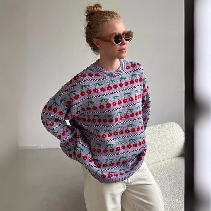 Damen Pullover mit fruchtigem Muster und bequemer Passform Drune