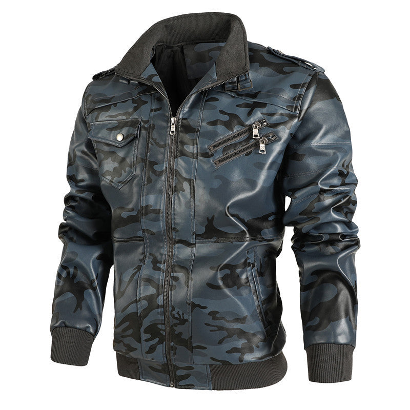 Herren modische Kunstlederjacke im Camouflage-Design mit praktischen Taschen Drune