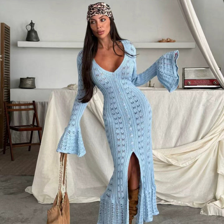 Damen Strickmaxikleid mit nostalgischem Lochmuster und elegantem V-Ausschnitt Drune