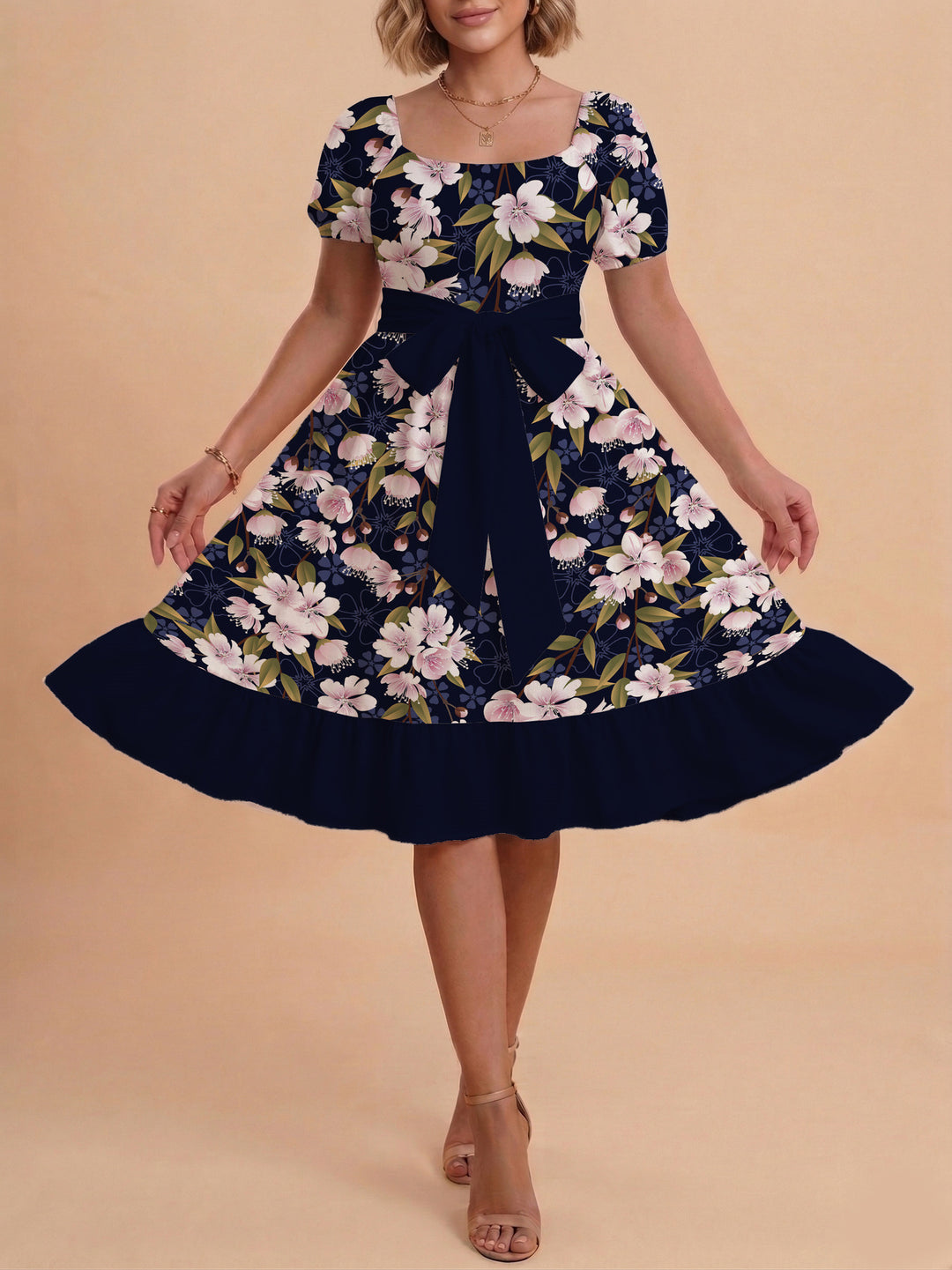 Damen Blumenkleid mit taillierbarem Gürtel und voluminösen Ärmeln Drune