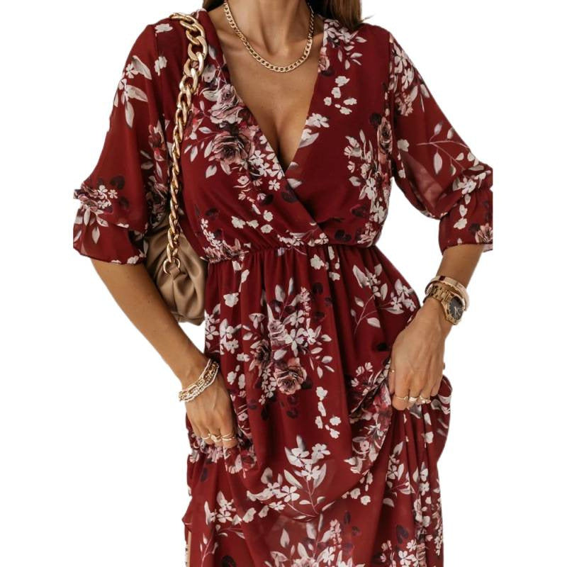 Damen elegantes Maxikleid mit animalischen Mustern und modischem Schlitz Drune