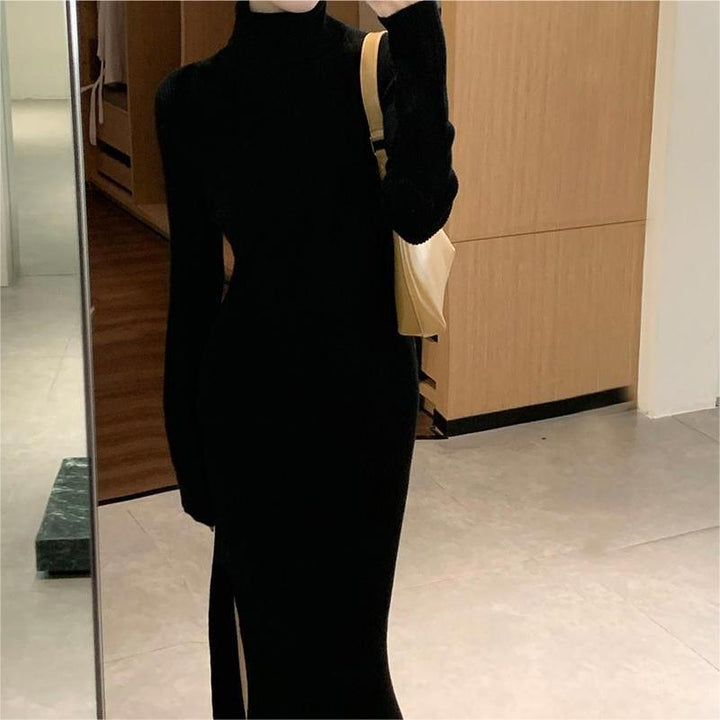 Damen elegantes Strickkleid mit hohem Kragen und seitlichem Schlitz Drune