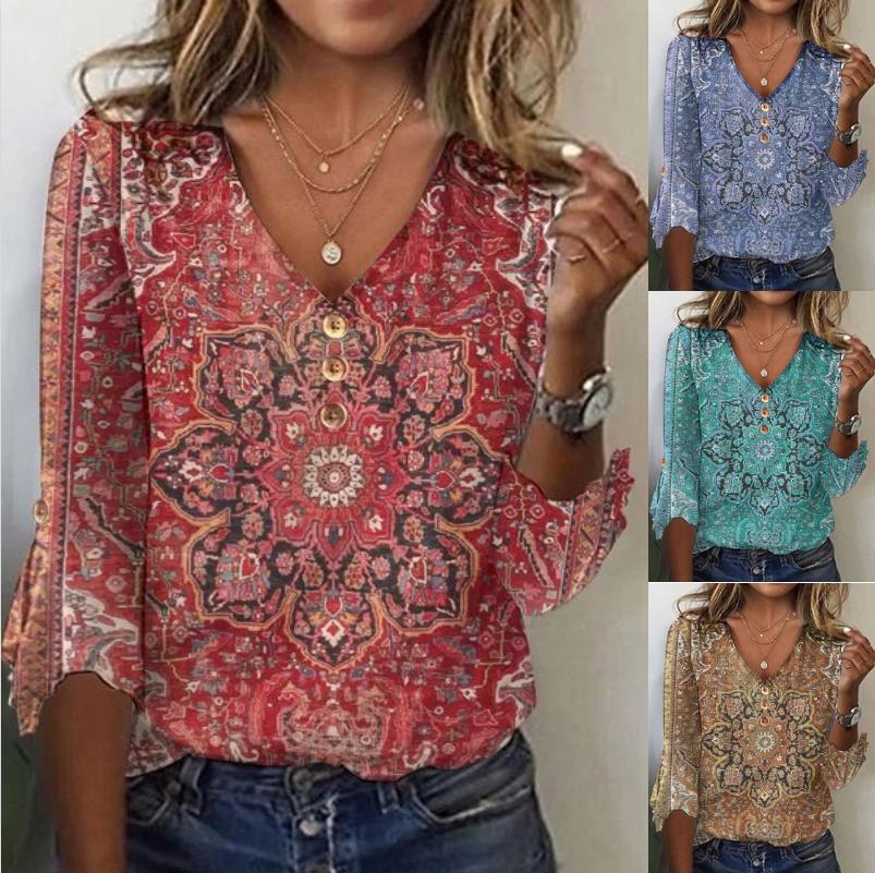 Damen Bohemian bedruckte V-Ausschnitt Bluse mit Knopfdetails Drune