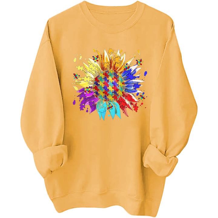 Damen Sweatshirt mit kreativem Puzzle-Blumenmotiv und bequemer Passform Drune