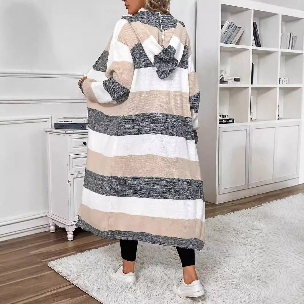Damen Langer Strickcardigan mit modischem Streifenmuster und lässigem Schnitt Drune