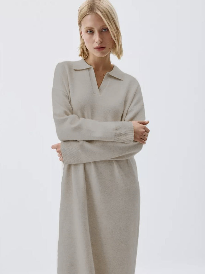 Damen Übergröße Strickkleid mit modernem Polokragen und langen Ärmeln Drune
