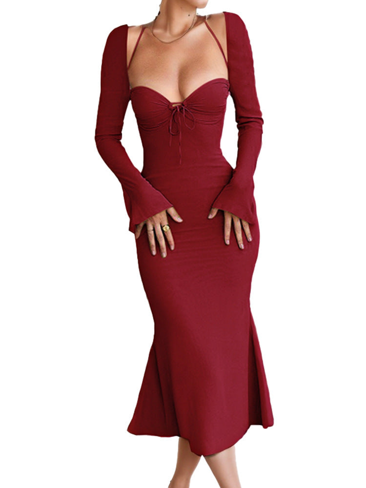 Damen Figurumspielendes Maxikleid mit schicker Schnürung und eleganten Ärmeln Drune