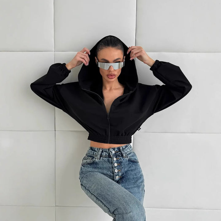 Damen cropped Kapuzenjacke mit elastischem Bund und lässigem Schnitt Drune
