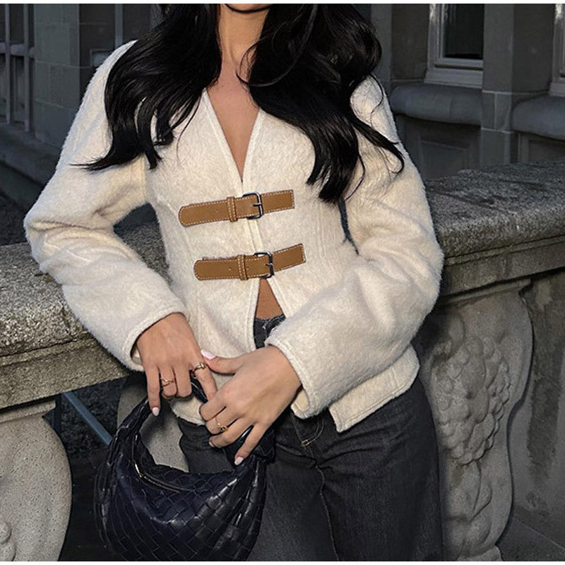 Damen elegante Teddyjacke mit dekorativen Schnallen Drune