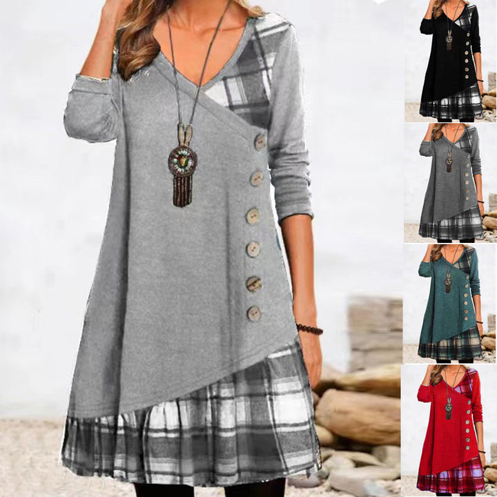 Damen asymmetrisches Freizeitkleid mit kariertem Saum und Knopfdetail Drune