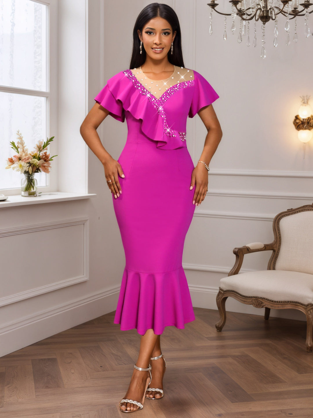 Damen figurbetontes Kleid mit Rüschendesign und Strassakzenten Drune