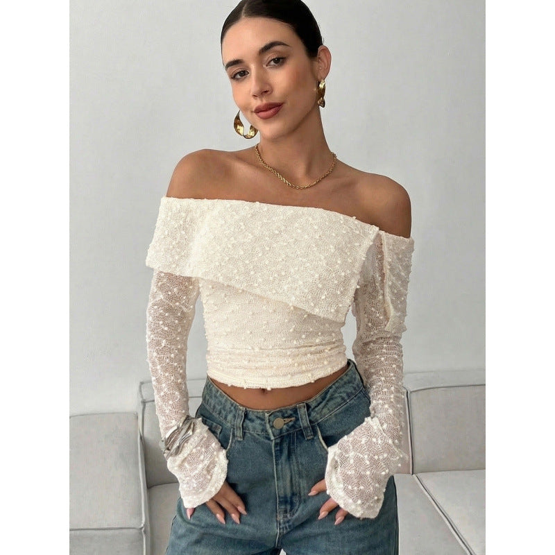 Damen Off-Shoulder Oberteil mit eleganten Rüschendetails und langen Ärmeln Drune