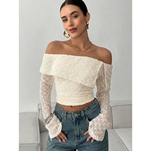 Damen Off-Shoulder Oberteil mit eleganten Rüschendetails und langen Ärmeln Drune