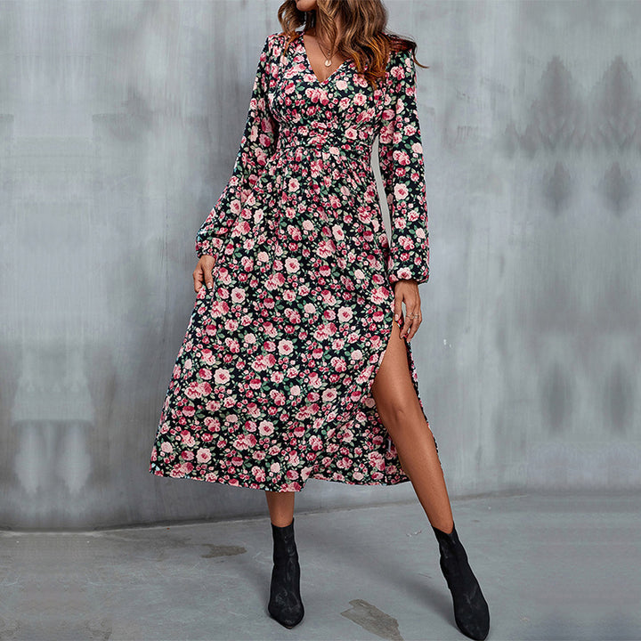 Damen Maxikleid mit floralen Mustern und seitlichem Schlitz Drune
