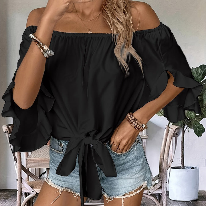 Damen Off-Shoulder-Bluse mit Rüschendetails und Taillenbindung Drune