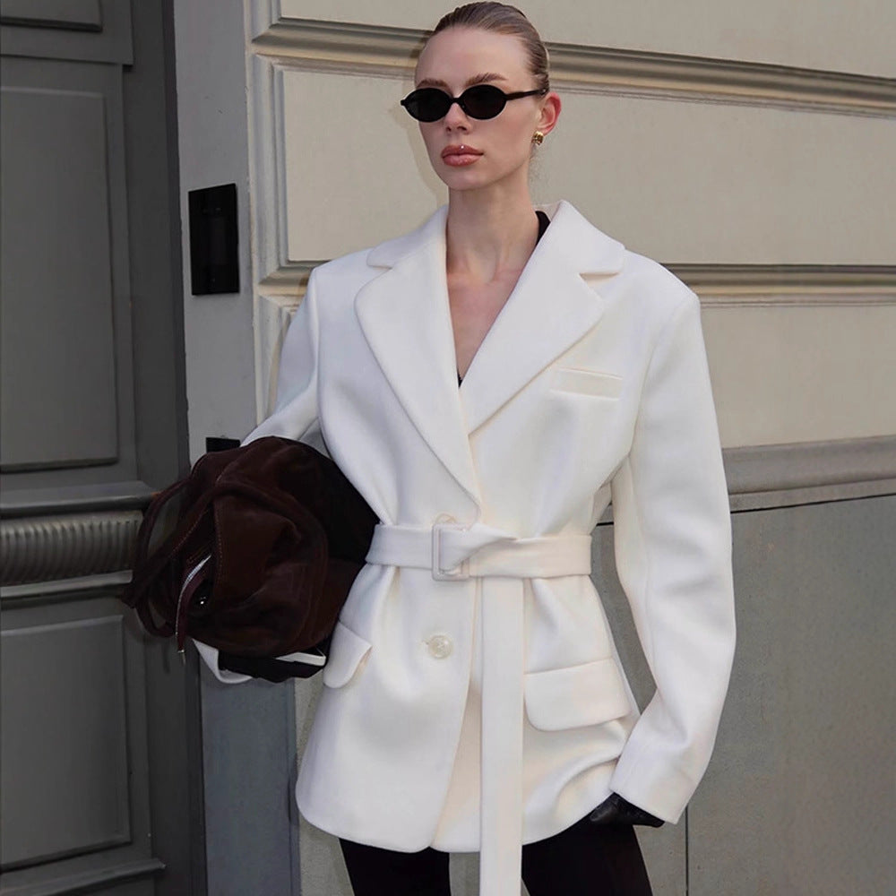 Damen modischer Blazer mit Taillengürtel und praktischen Taschen Drune