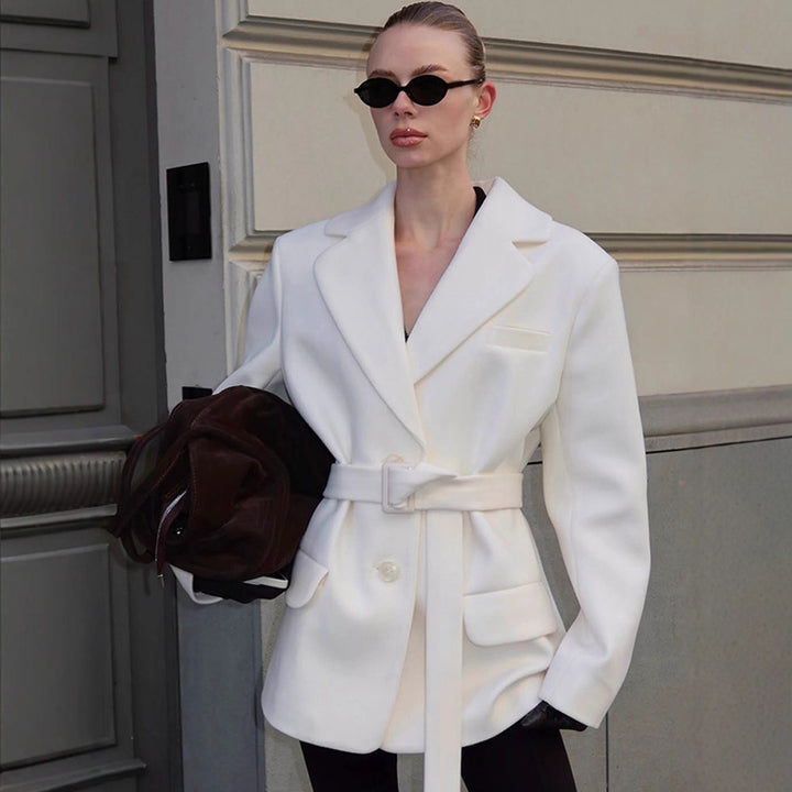 Damen modischer Blazer mit Taillengürtel und praktischen Taschen Drune
