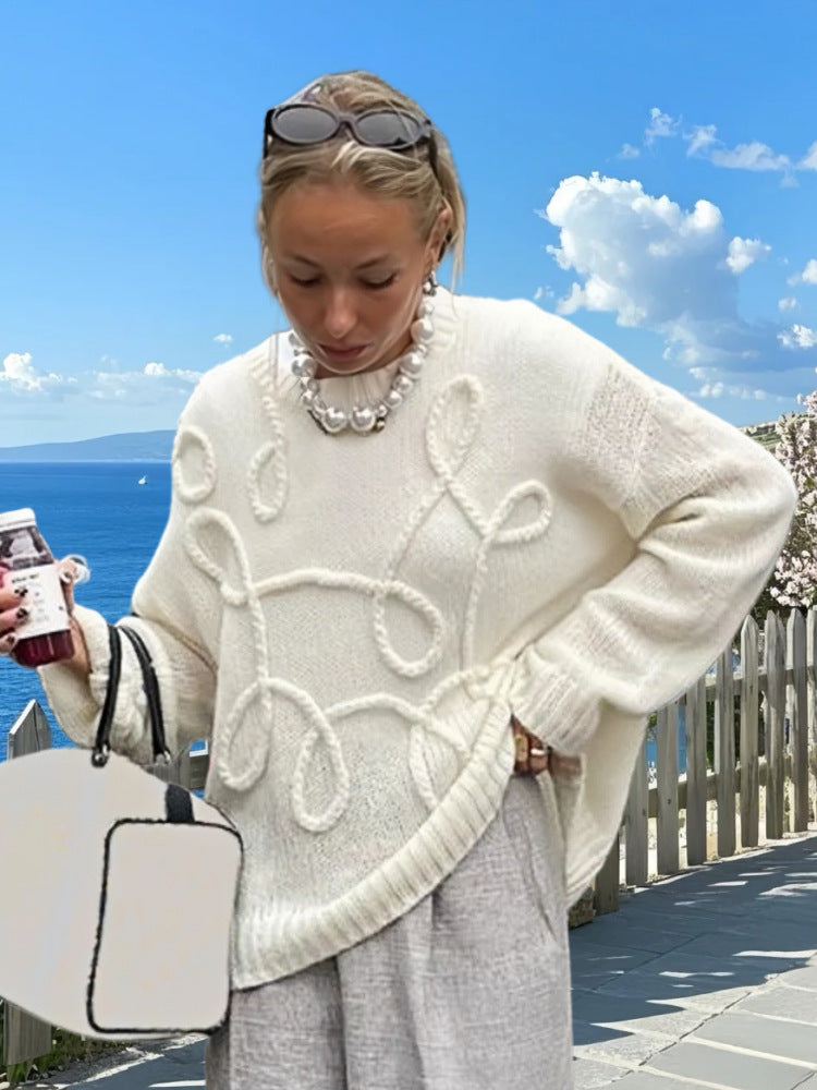 Damen Modischer Strickpullover mit strukturiertem Zopfmuster und lockerer Passform Drune